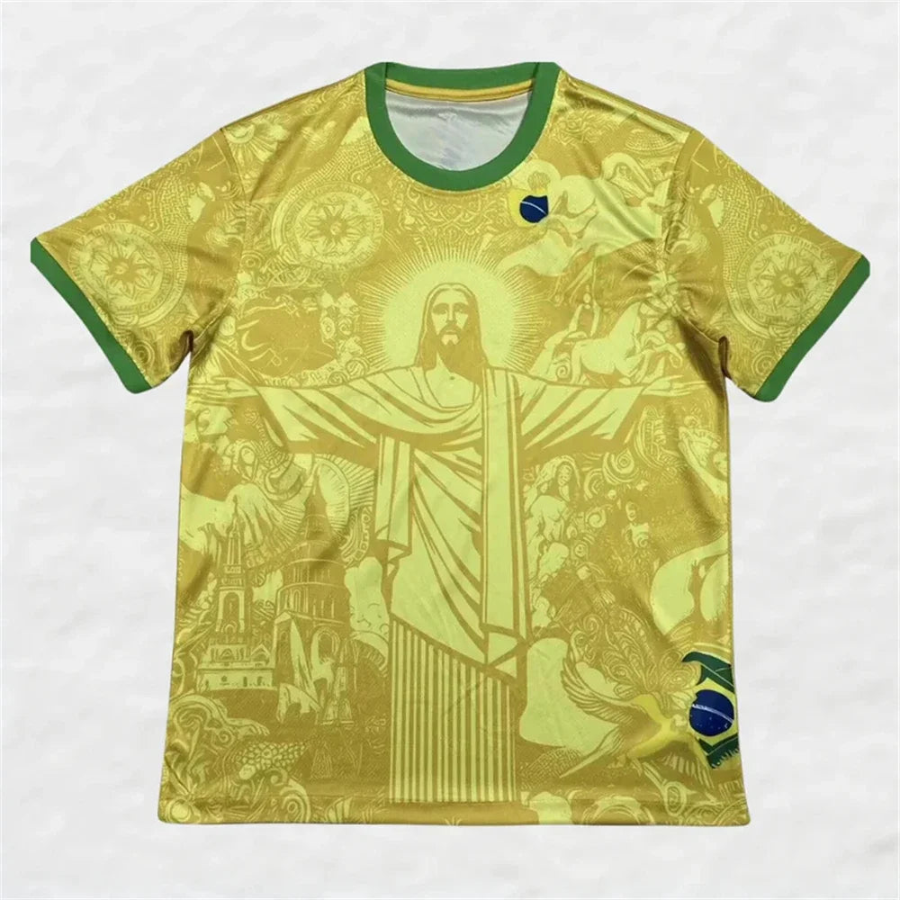 Brazil-Inspired Jesus Jersey — Yellow & Green Crewneck, front