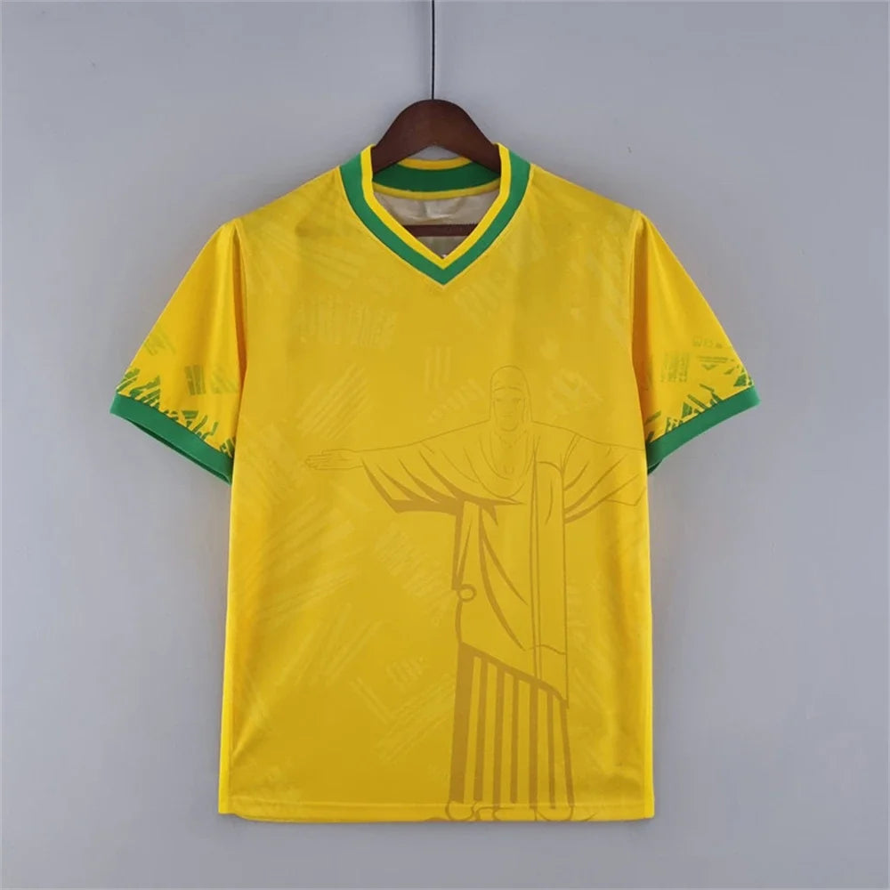 Brazil-Inspired Jesus Jersey — Yellow & Green V-neck, front