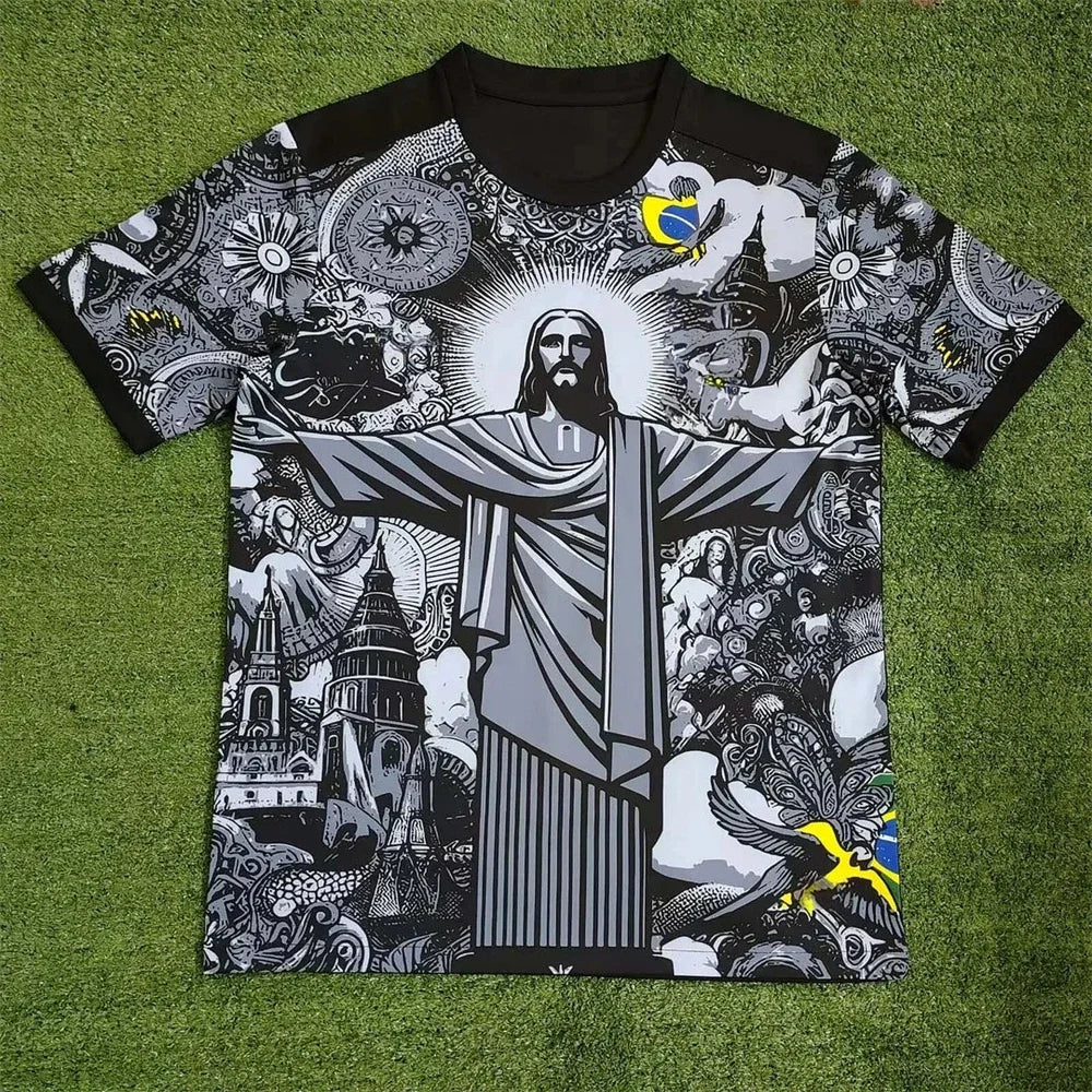 Brazil-Inspired Jesus Jersey — Black & Light Grey, front